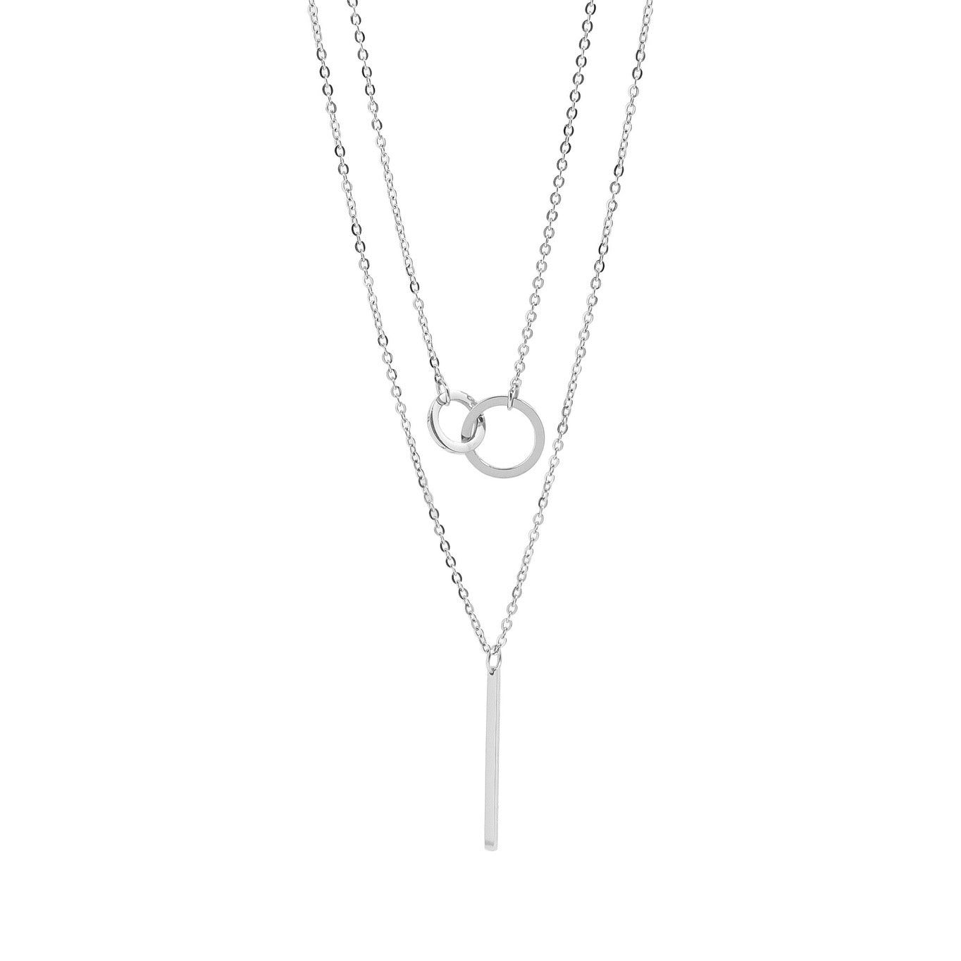 18K Gold PVD Stainless Steel Interlocked Circle and Bar Layered Charm Necklace