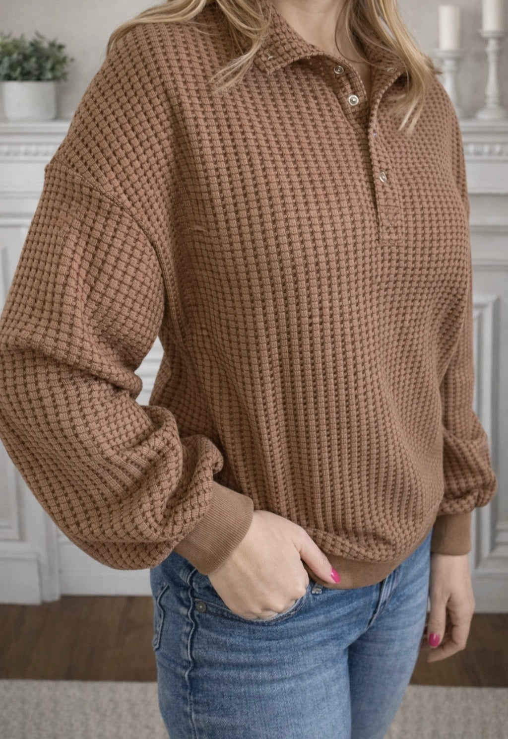 Solid Color Textured Snap Button Collared Baggy Top