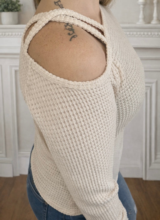 Textured Knit Asymmetric Shoulder Long Sleeve Top