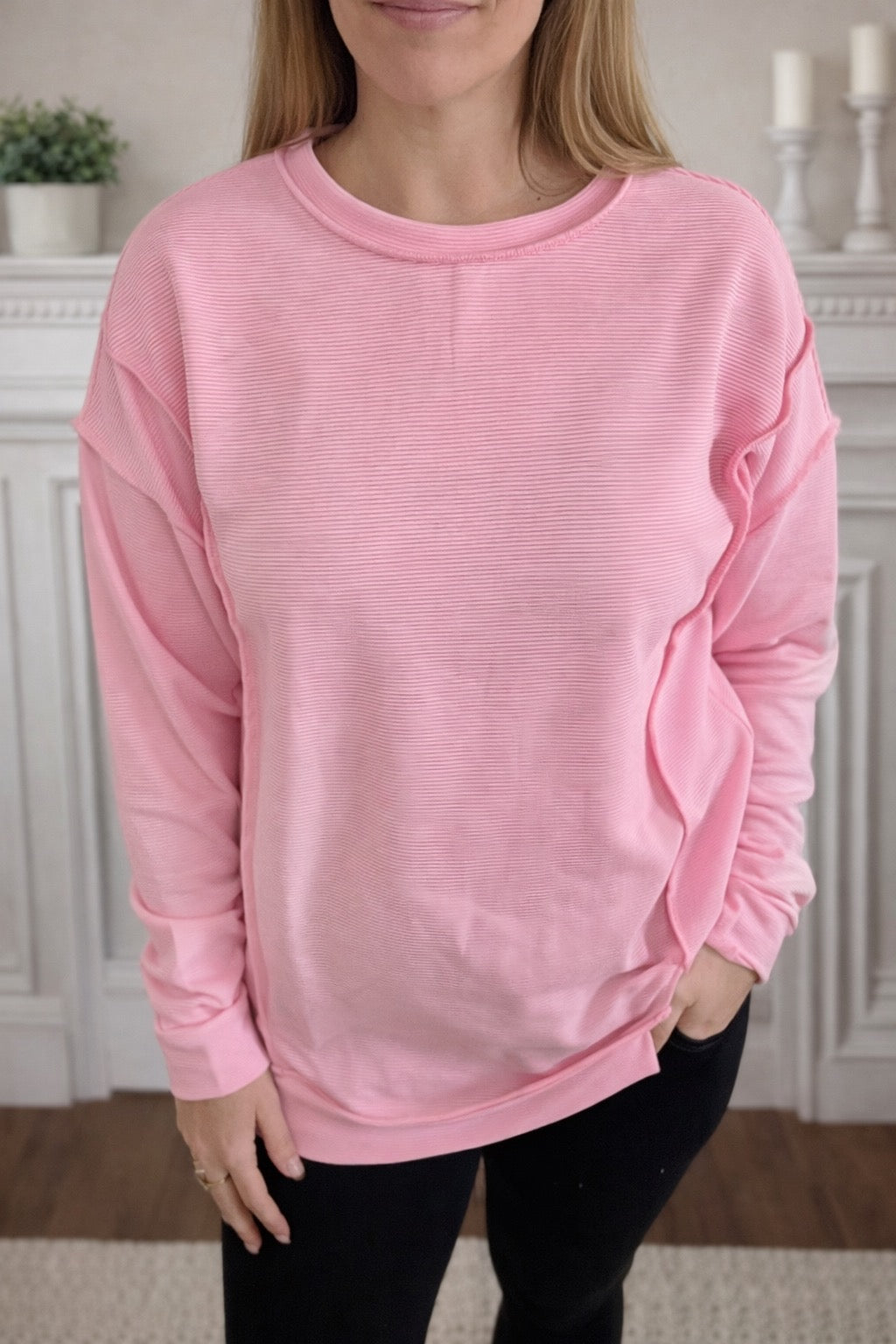Ribbed Exposed Seam Drop Shoulder Baggy Pullover