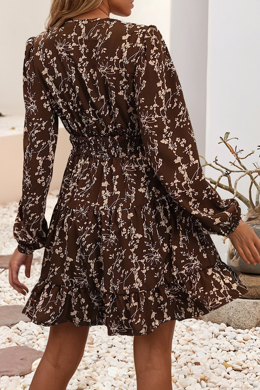 Split Neck Floral Flared Mini Dress
