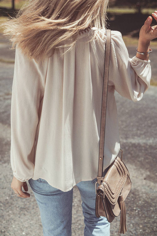 Floral Embroidered Textured Puff Sleeve Loose Shirt