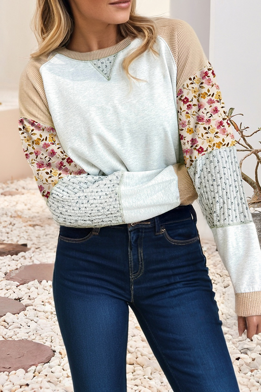 Mixed Raglan Sleeve Patchwork Pullover Top