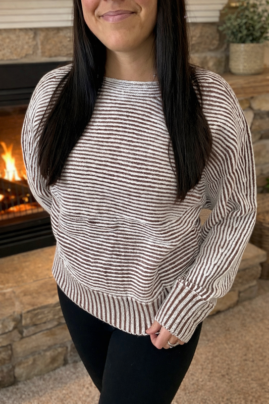 Striped Print Ribbed Knit Boat Neck Sweater
