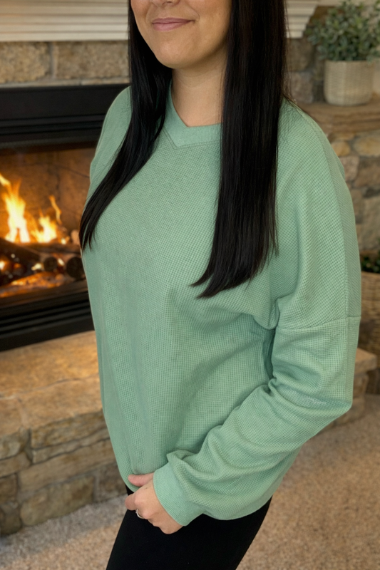 Waffle Knit Drop Shoulder V Neck Top