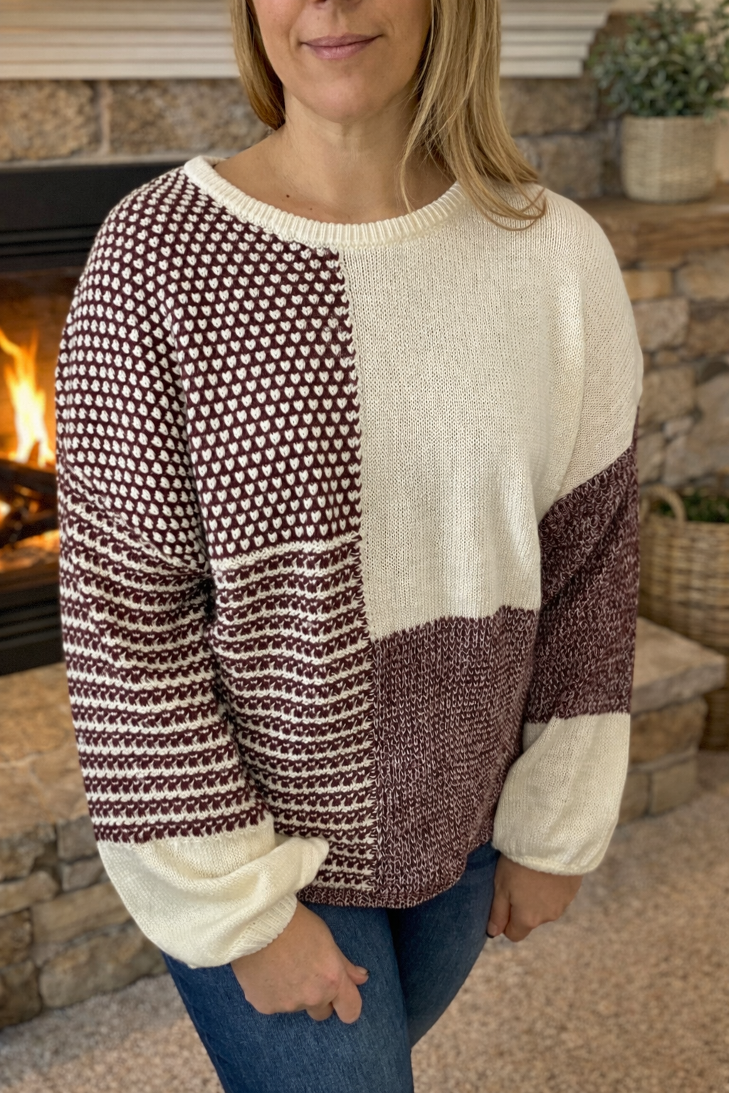 Color Block Back Tie Drop Shoulder Loose Sweater