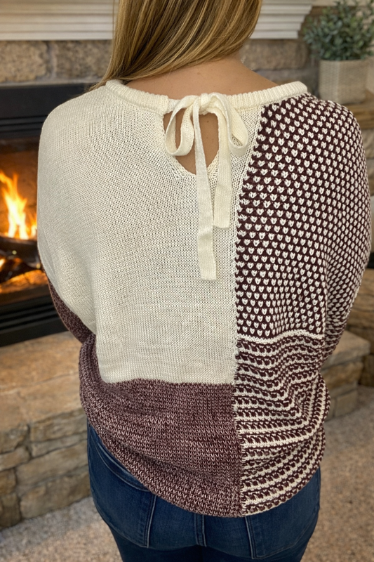 Color Block Back Tie Drop Shoulder Loose Sweater