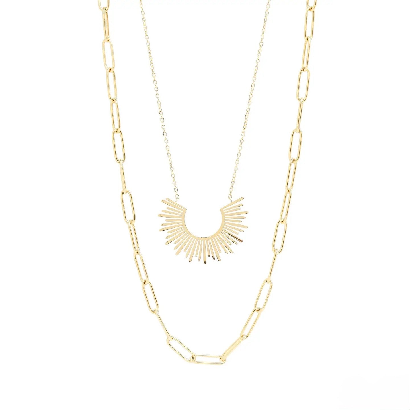 18K Gold Pvd Layered Paperclip and Loop Chain Charm Necklace