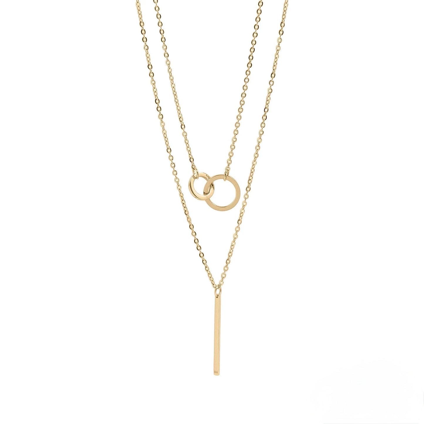 18K Gold PVD Stainless Steel Interlocked Circle and Bar Layered Charm Necklace