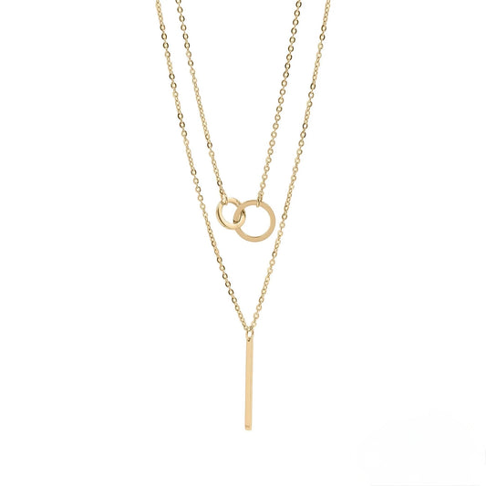 18K Gold PVD Stainless Steel Interlocked Circle and Bar Layered Charm Necklace