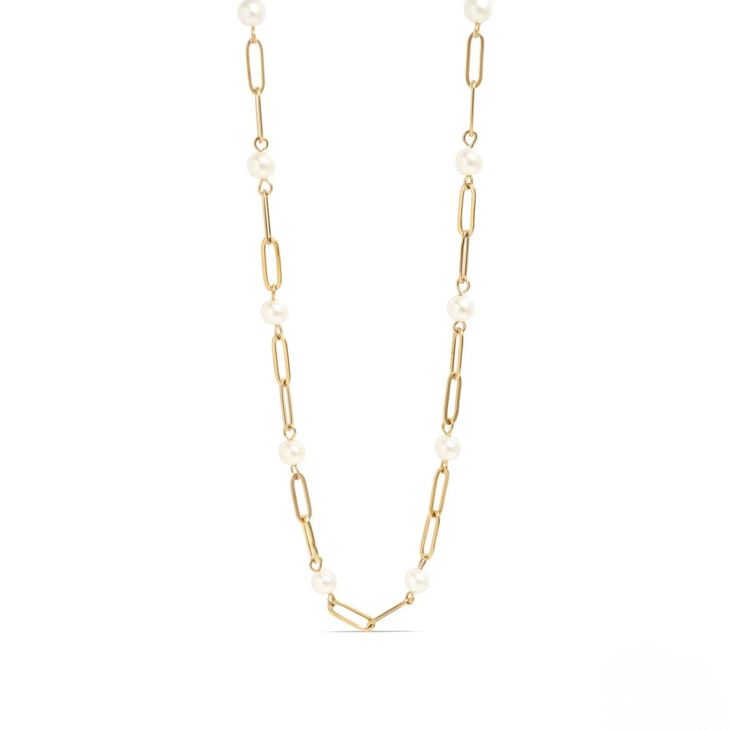 18K Gold PVD Steel Station Pearl Paperclip Chain Necklace