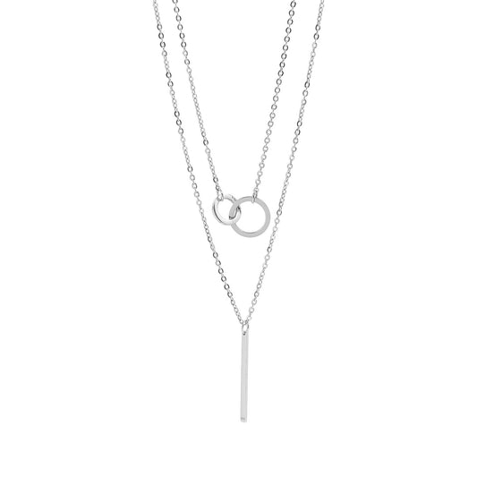 18K Gold PVD Stainless Steel Interlocked Circle and Bar Layered Charm Necklace