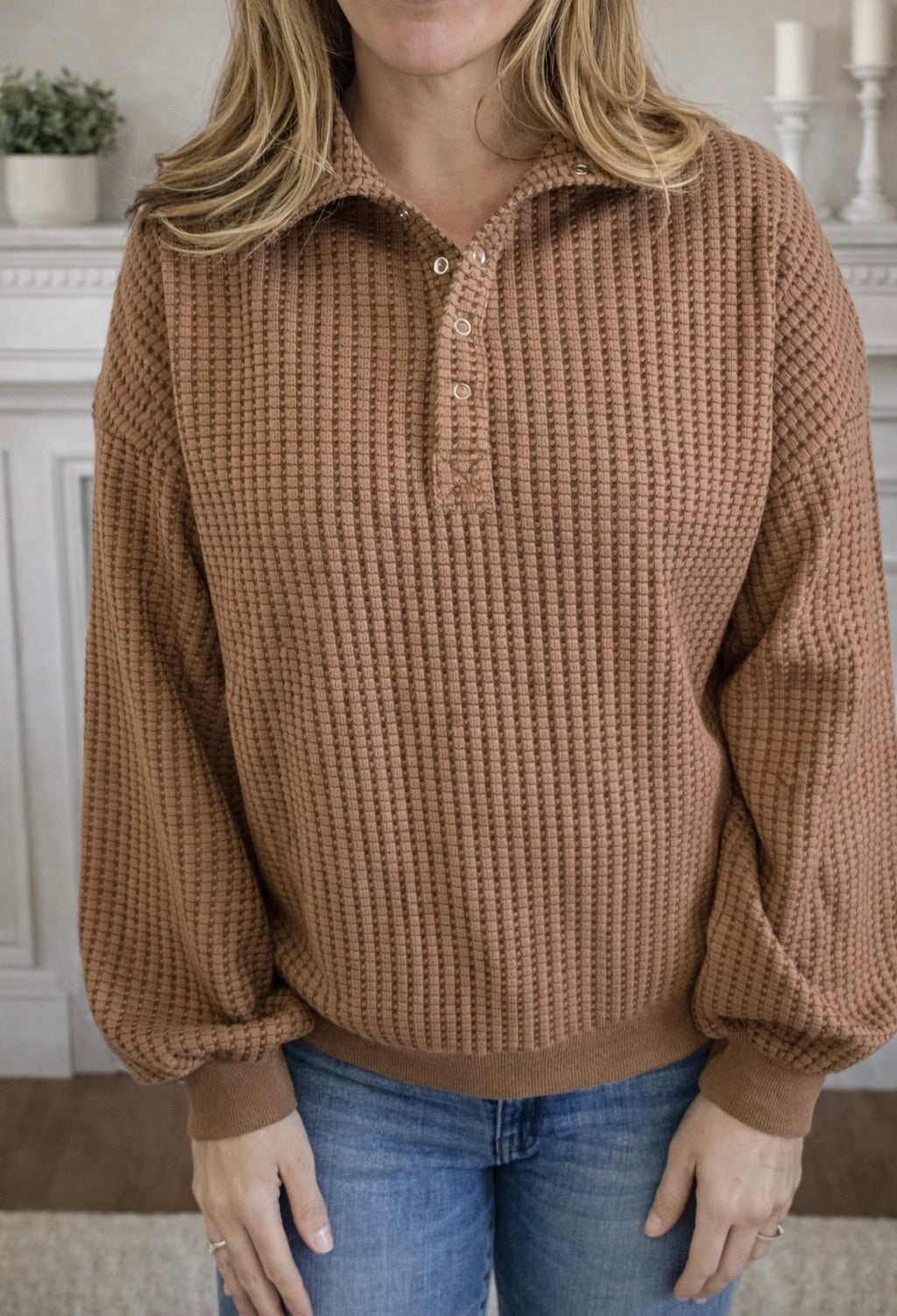 Solid Color Textured Snap Button Collared Baggy Top