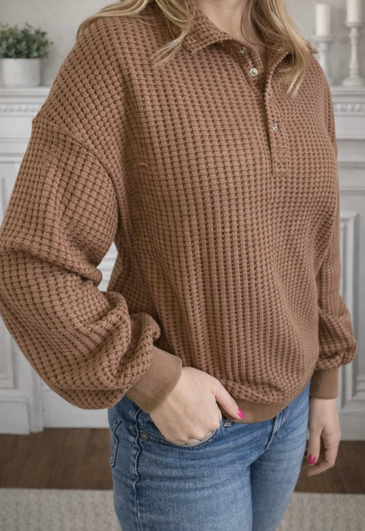 Solid Color Textured Snap Button Collared Baggy Top