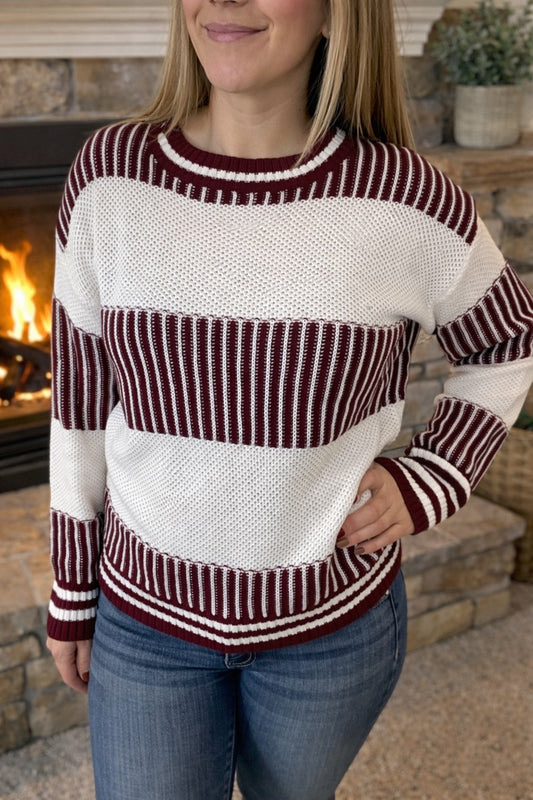 Two Tone Striped Patchwork Drop Shoulder Loose Sweater
