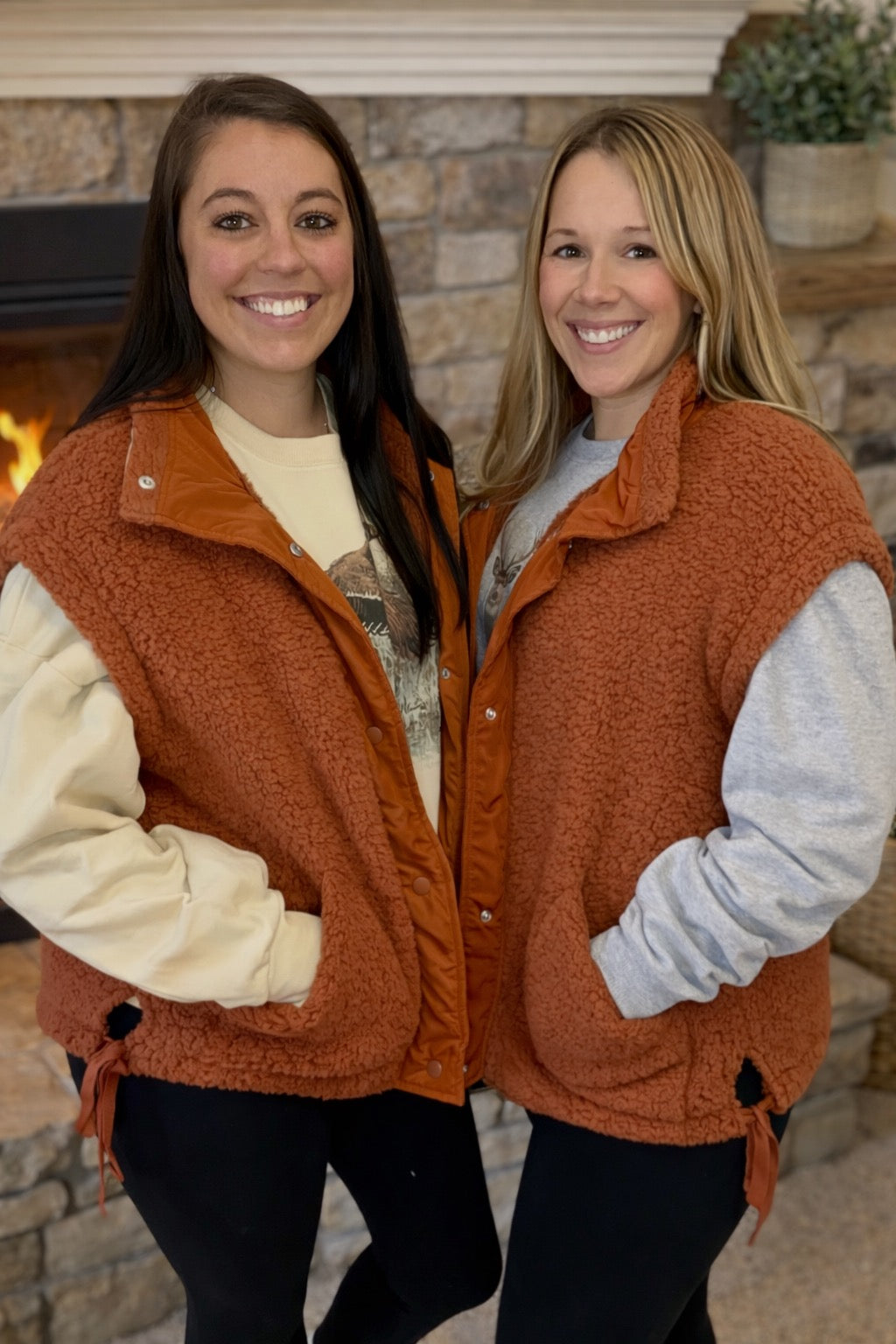 Faux Fur Snap Button Front Knot Side Plush Vest with Pockets