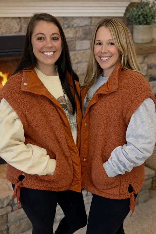 Faux Fur Snap Button Front Knot Side Plush Vest with Pockets