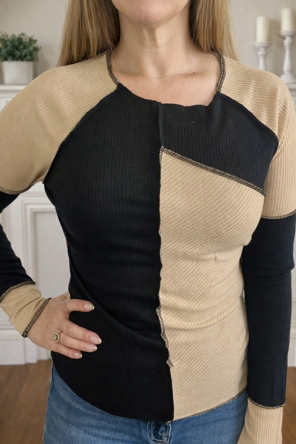 Irregular Color Block Rib Knit Top