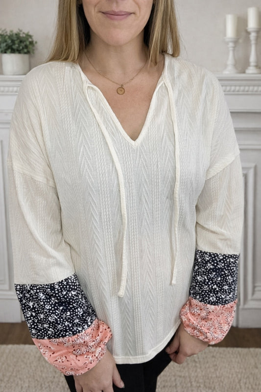Floral Patchwork Textured Knit Drawstring V Neck Blouse