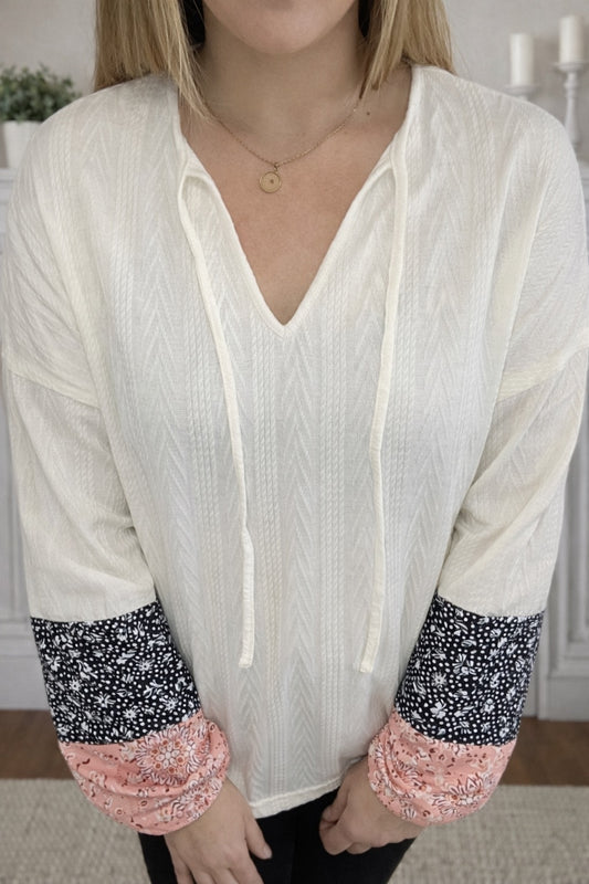 Floral Patchwork Textured Knit Drawstring V Neck Blouse