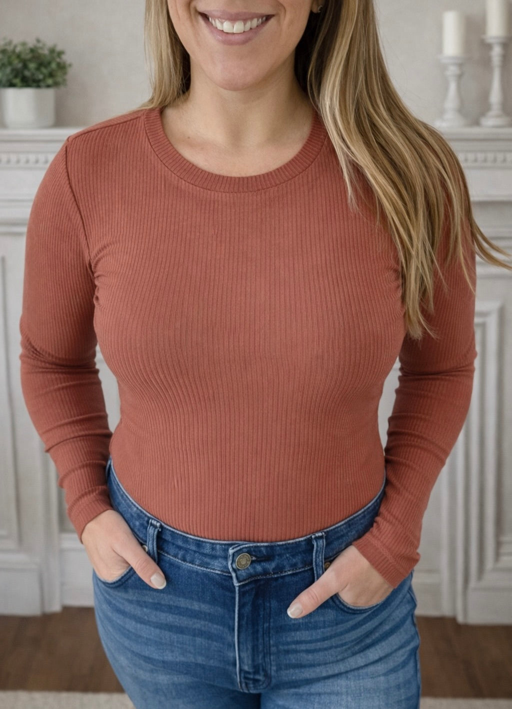 Long Sleeve Textured Crew Neck Solid Color Bodysuit
