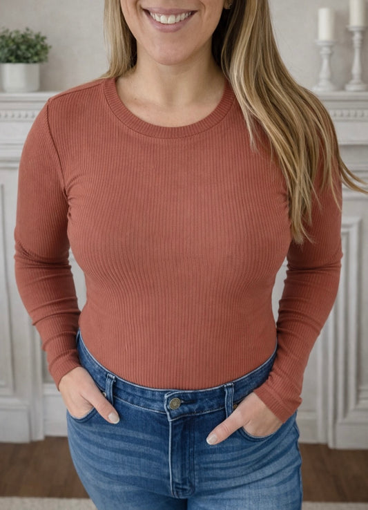 Long Sleeve Textured Crew Neck Solid Color Bodysuit