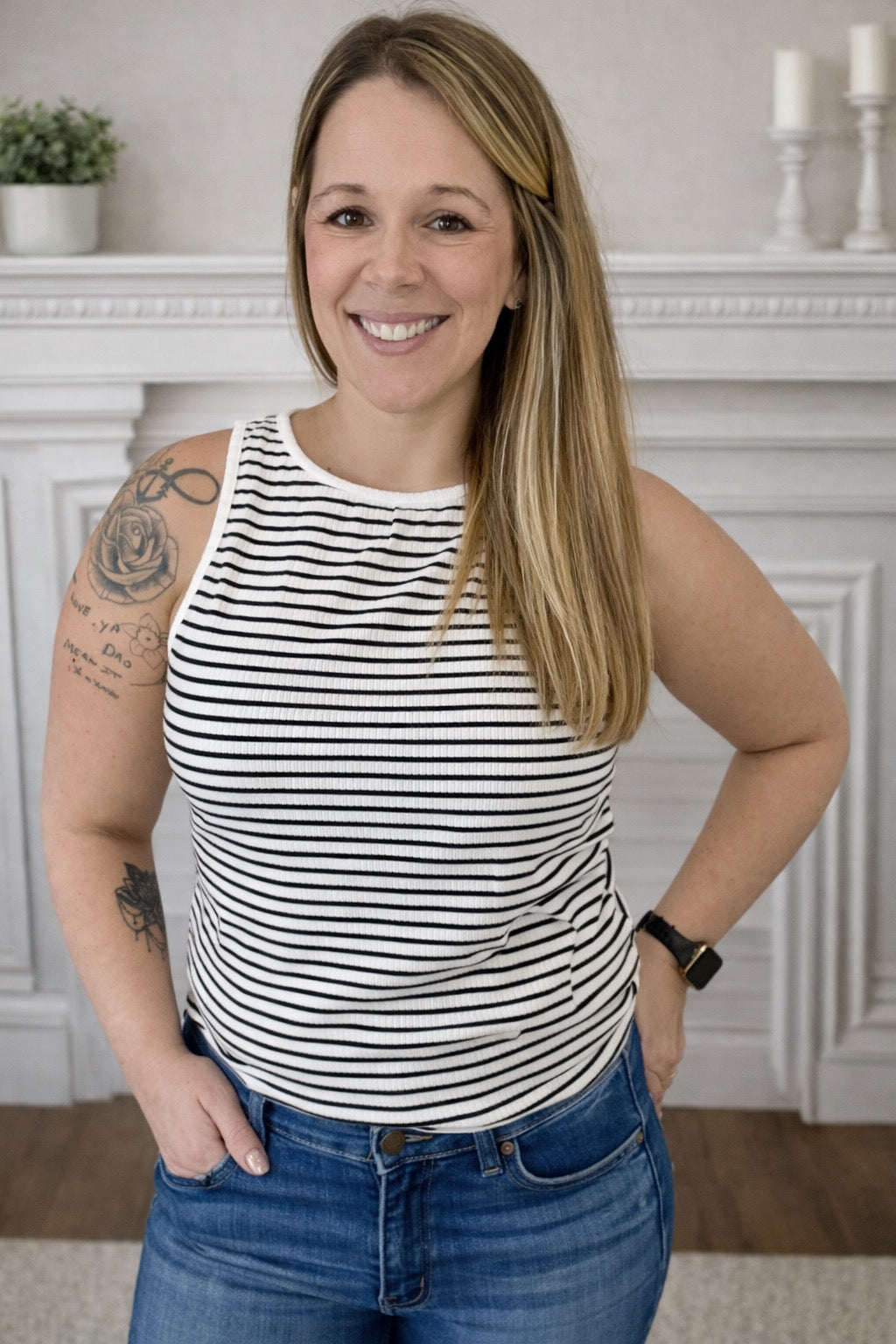 Striped Print Ribbed Knit Sleeveless Top