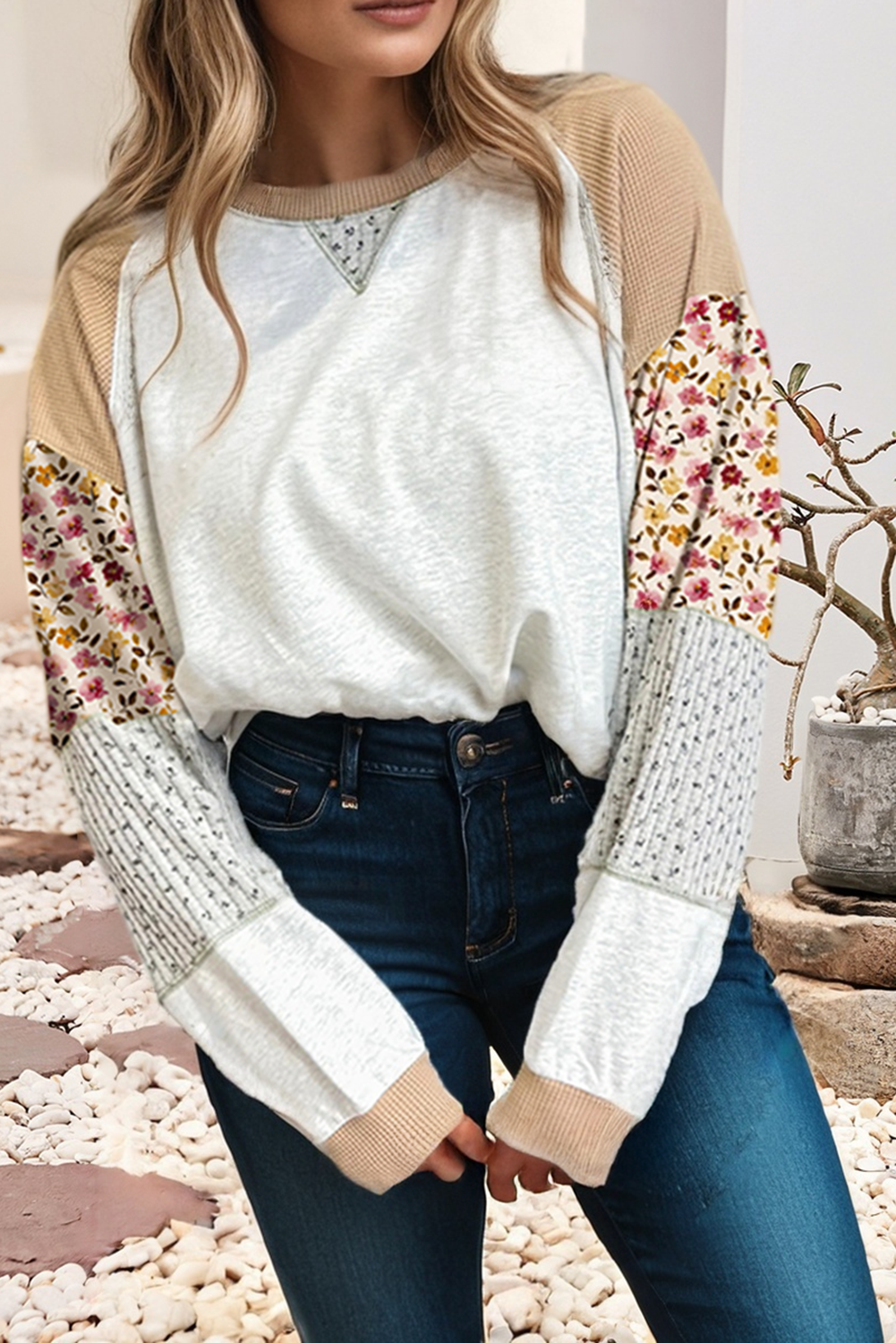 Mixed Raglan Sleeve Patchwork Pullover Top