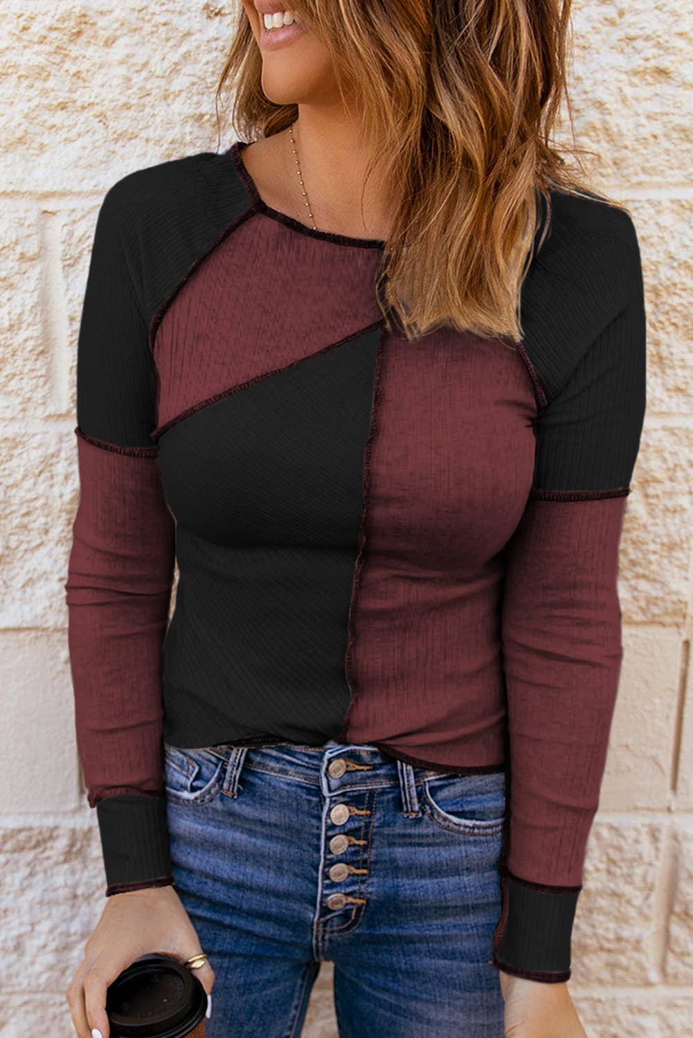 Irregular Color Block Rib Knit Top
